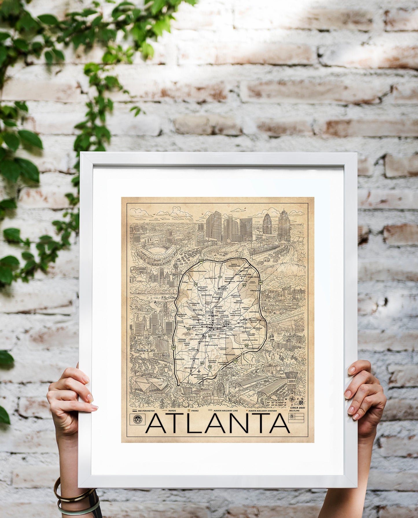 Detailed hand drawn map of Atlanta Georgia