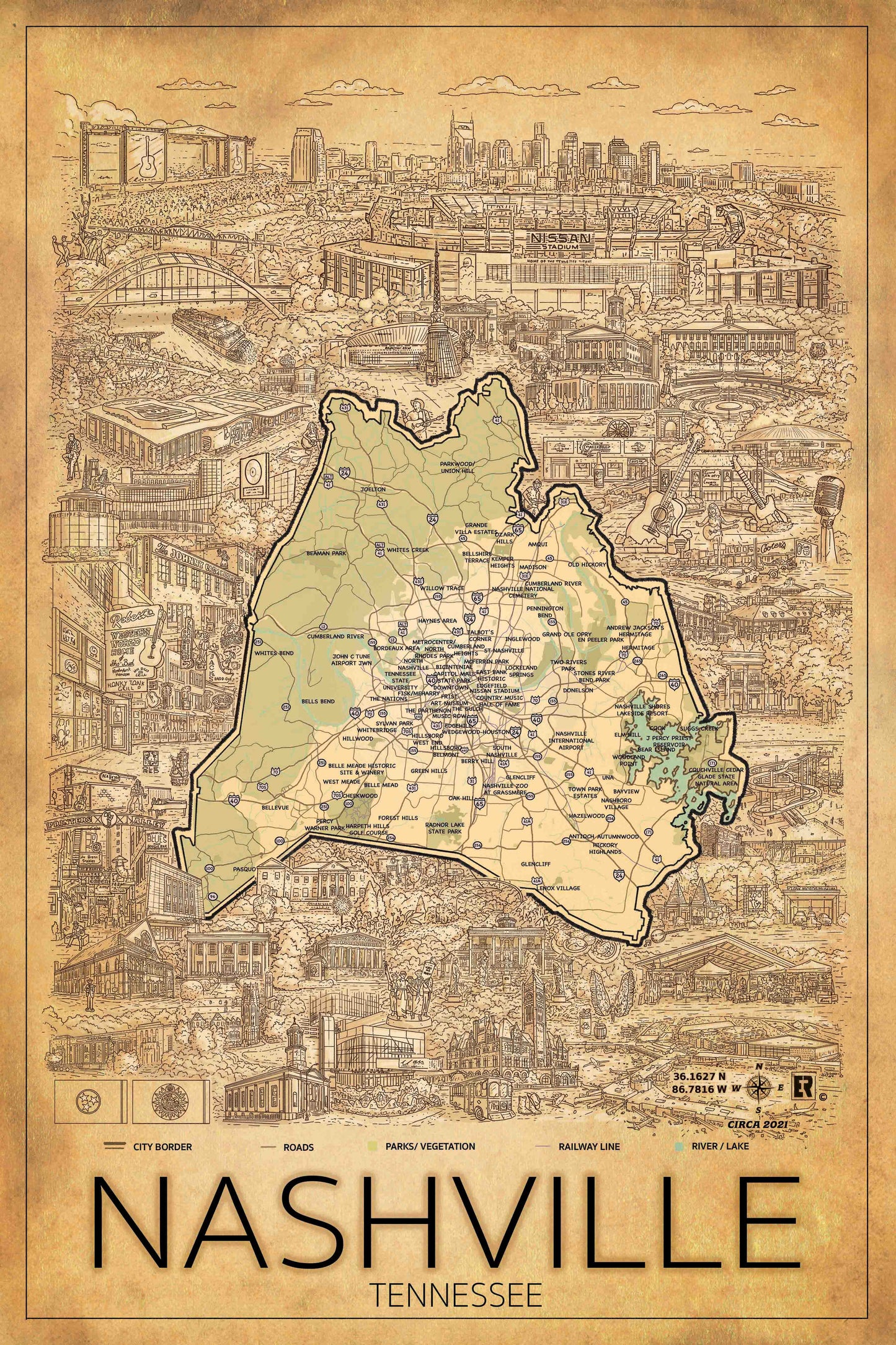 Hand drawn map of Nashville Tennessee