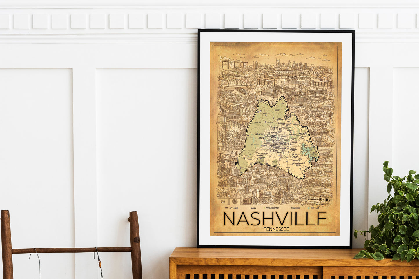 Hand drawn map of Nashville Tennessee