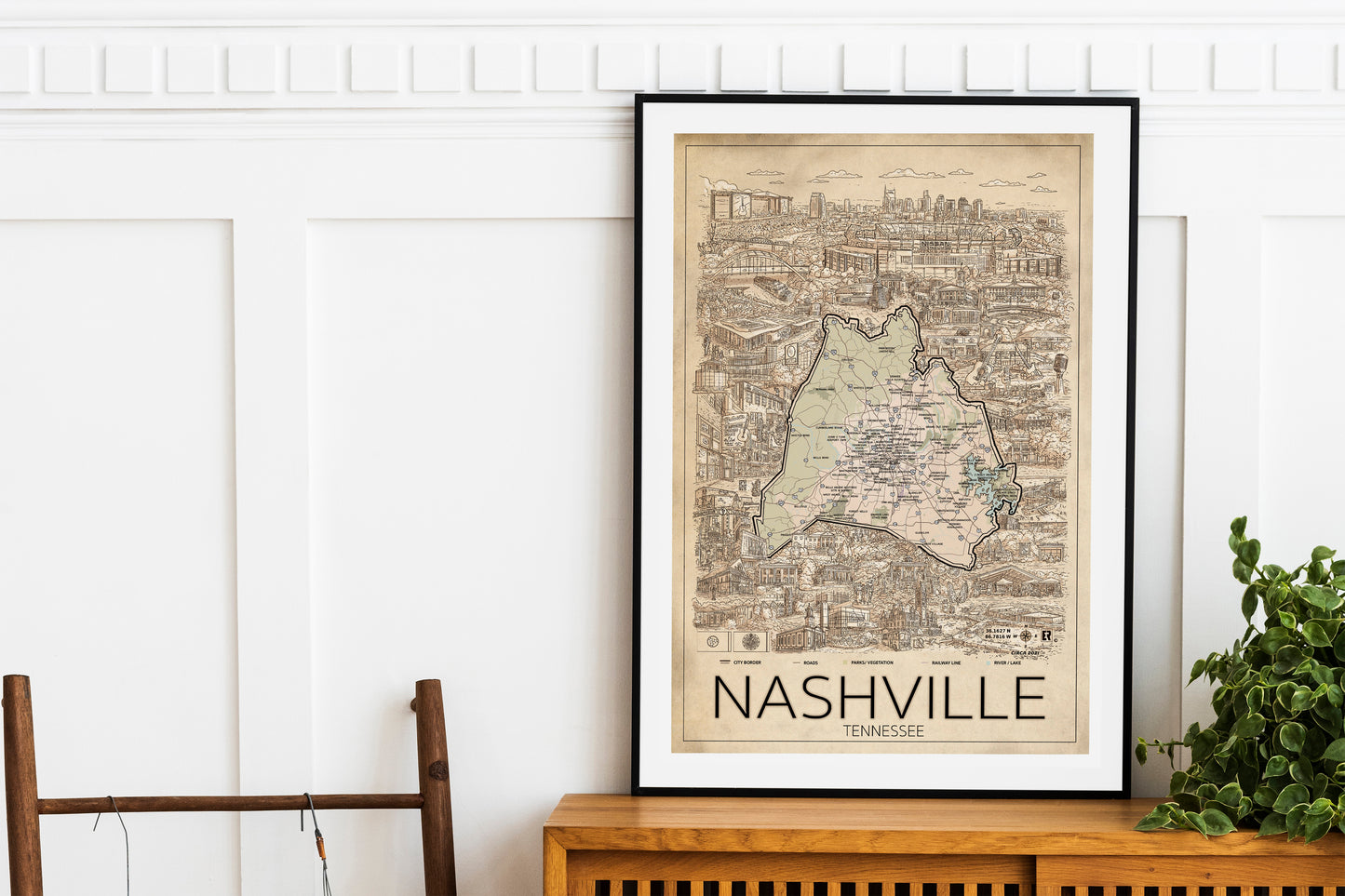 Hand drawn map of Nashville Tennessee