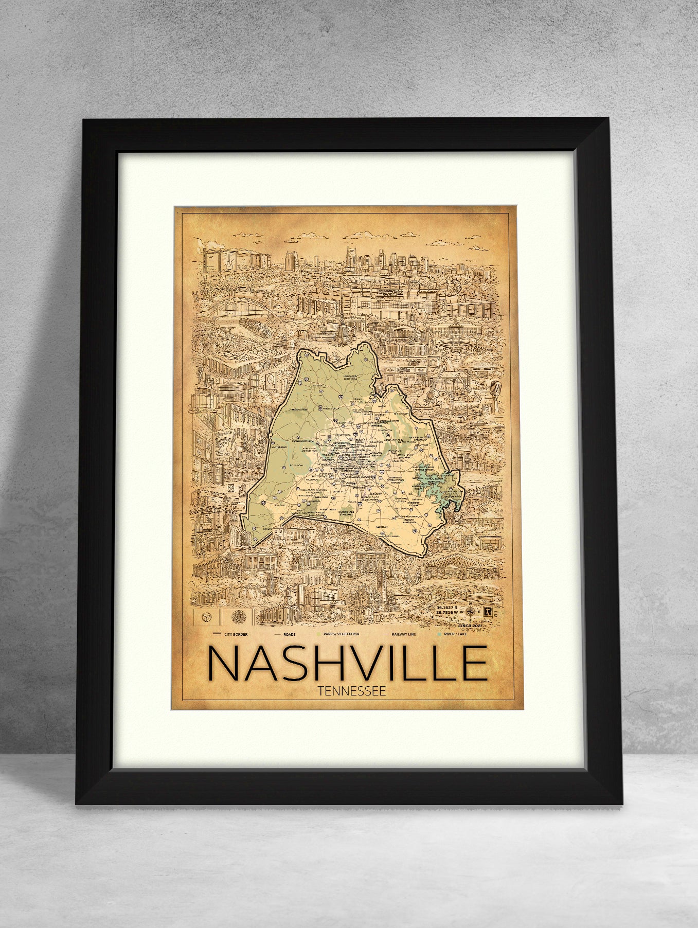 Hand drawn map of Nashville Tennessee