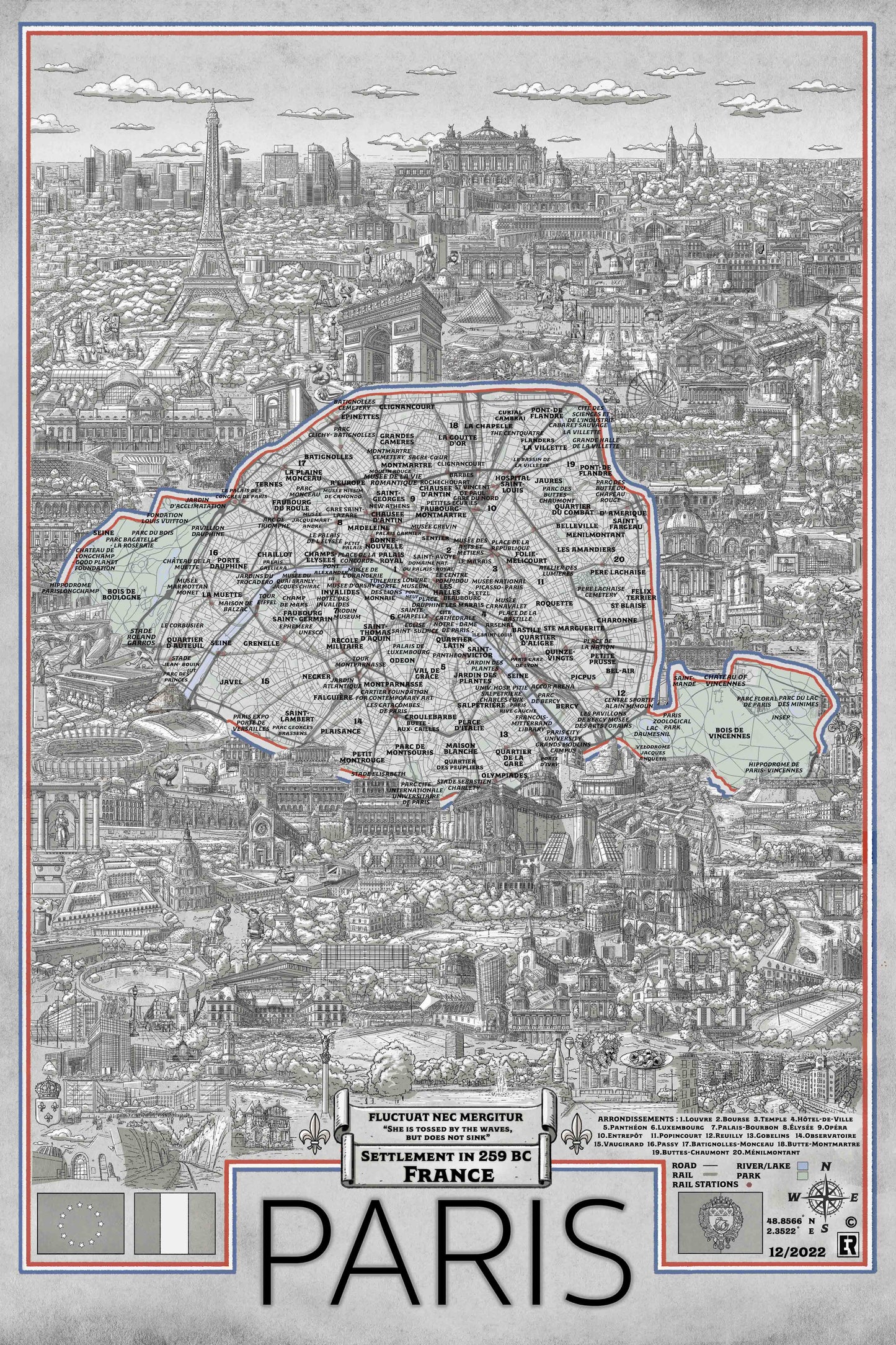 Hand drawn map of Paris France