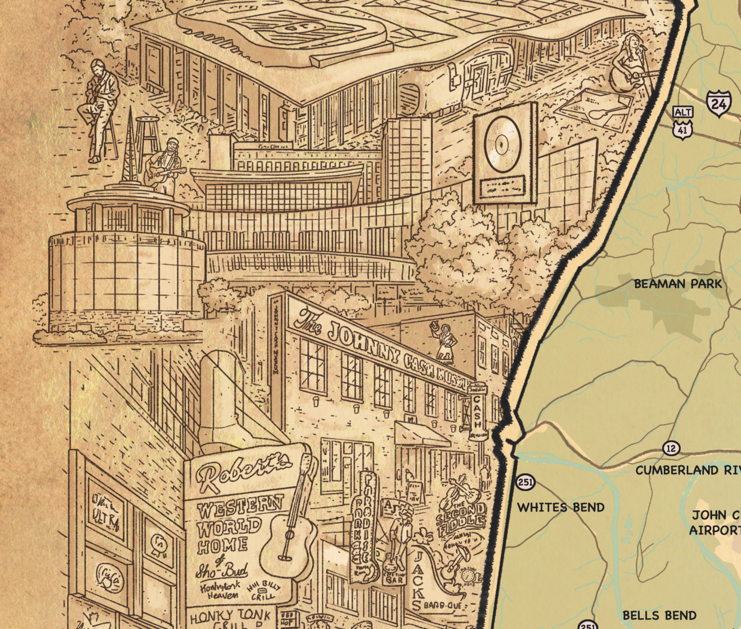 Hand drawn map of Nashville Tennessee