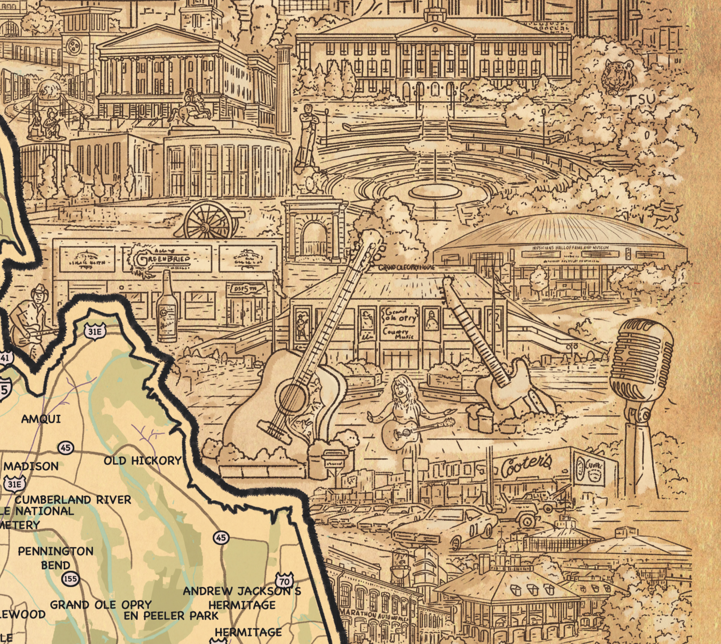 Hand drawn map of Nashville Tennessee