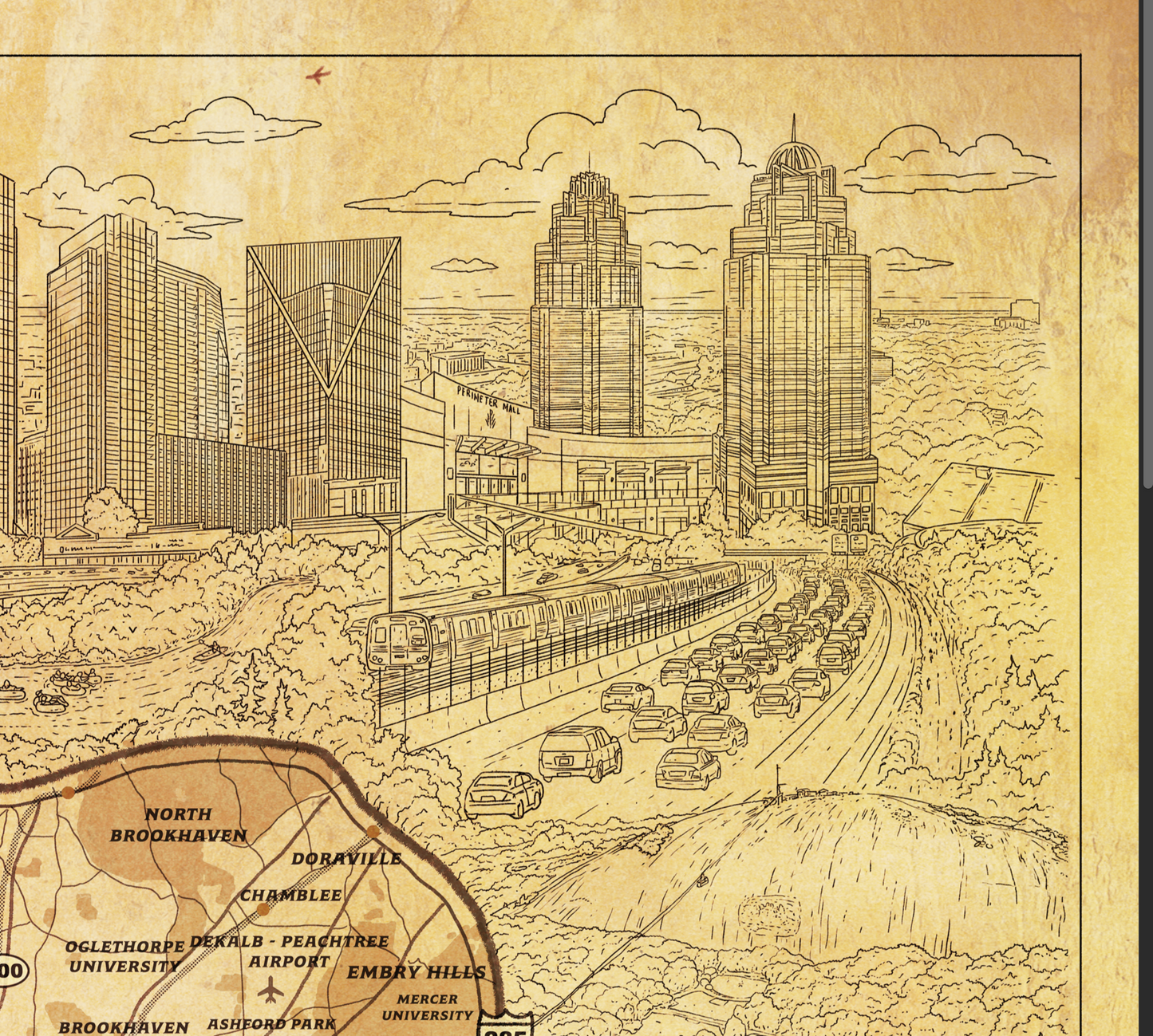 Detailed hand drawn map of Atlanta Georgia