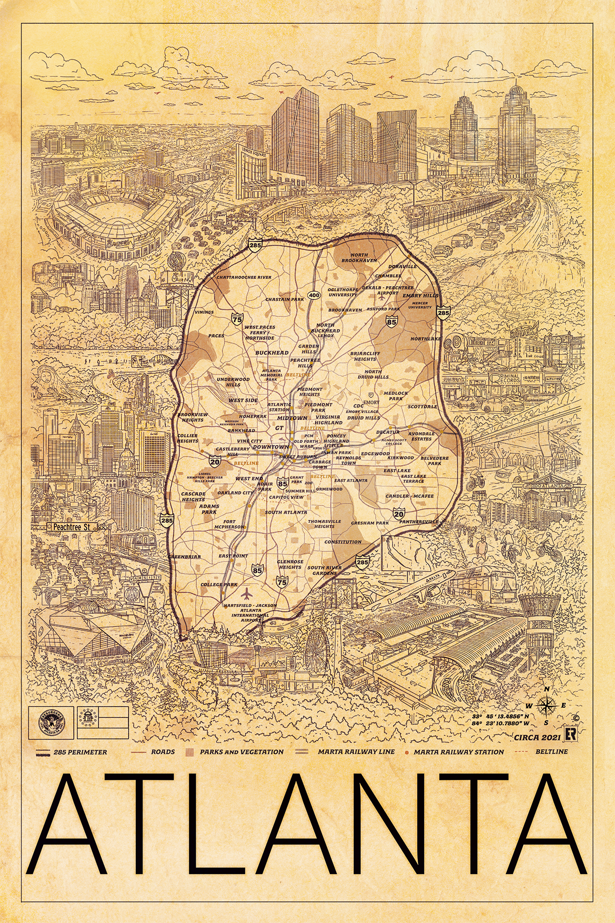 Detailed hand drawn map of Atlanta Georgia