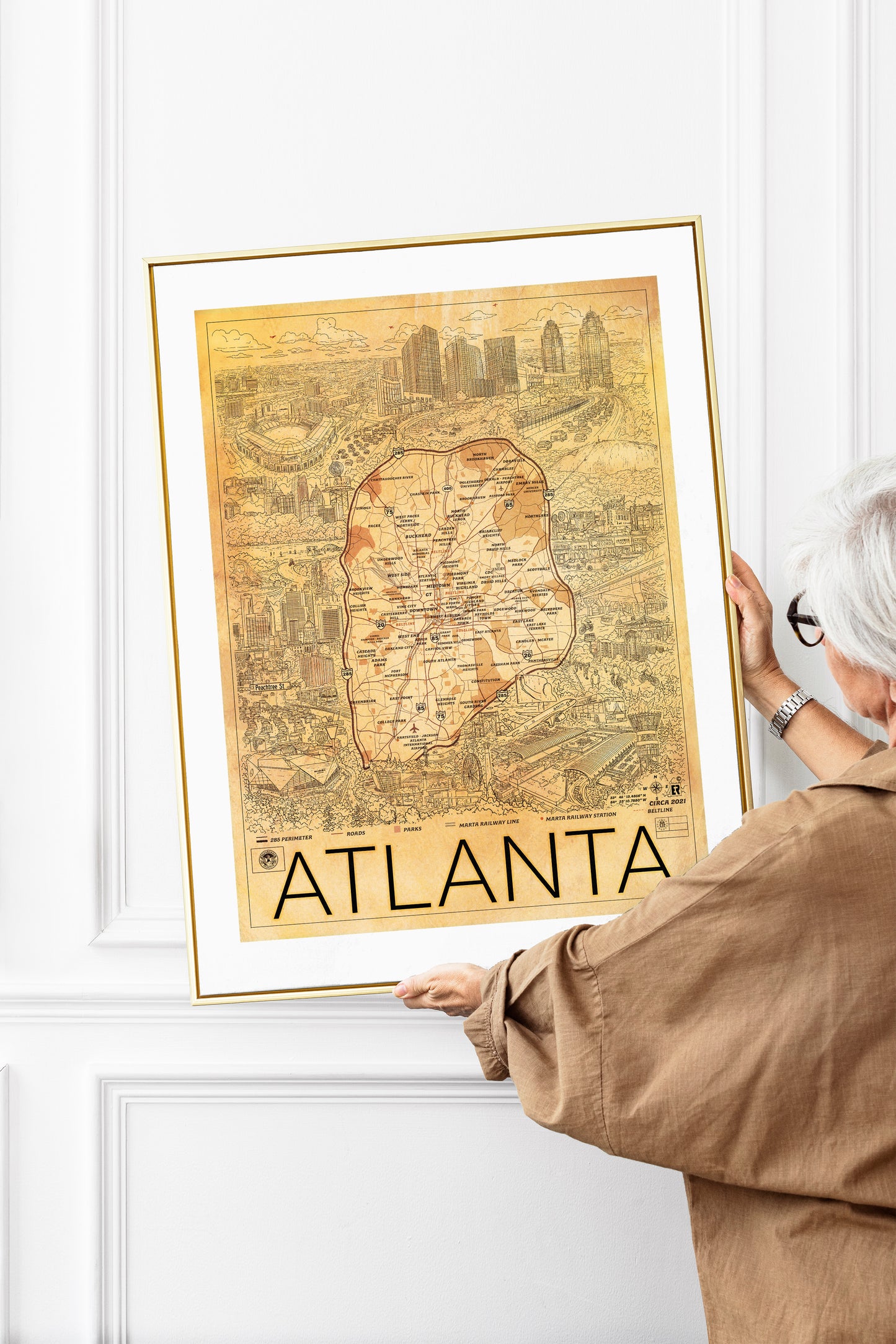 Detailed hand drawn map of Atlanta Georgia