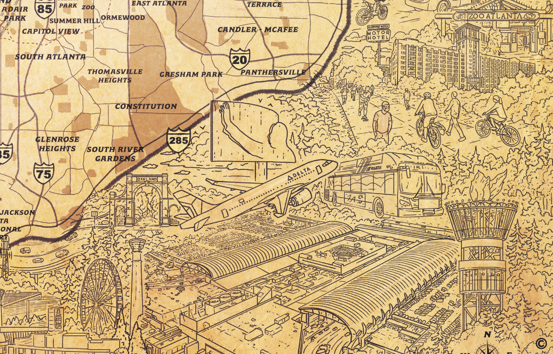 Detailed hand drawn map of Atlanta Georgia